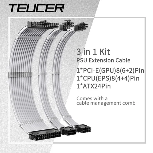 TEUCER 30cm PSU Cable de extensión 3 en 1 Kit placa base ATX 24Pin GPU PCI-E 6 + 2Pin 8Pin CPU EPS 4 + 4Pin 18AWG Cable de alimentación