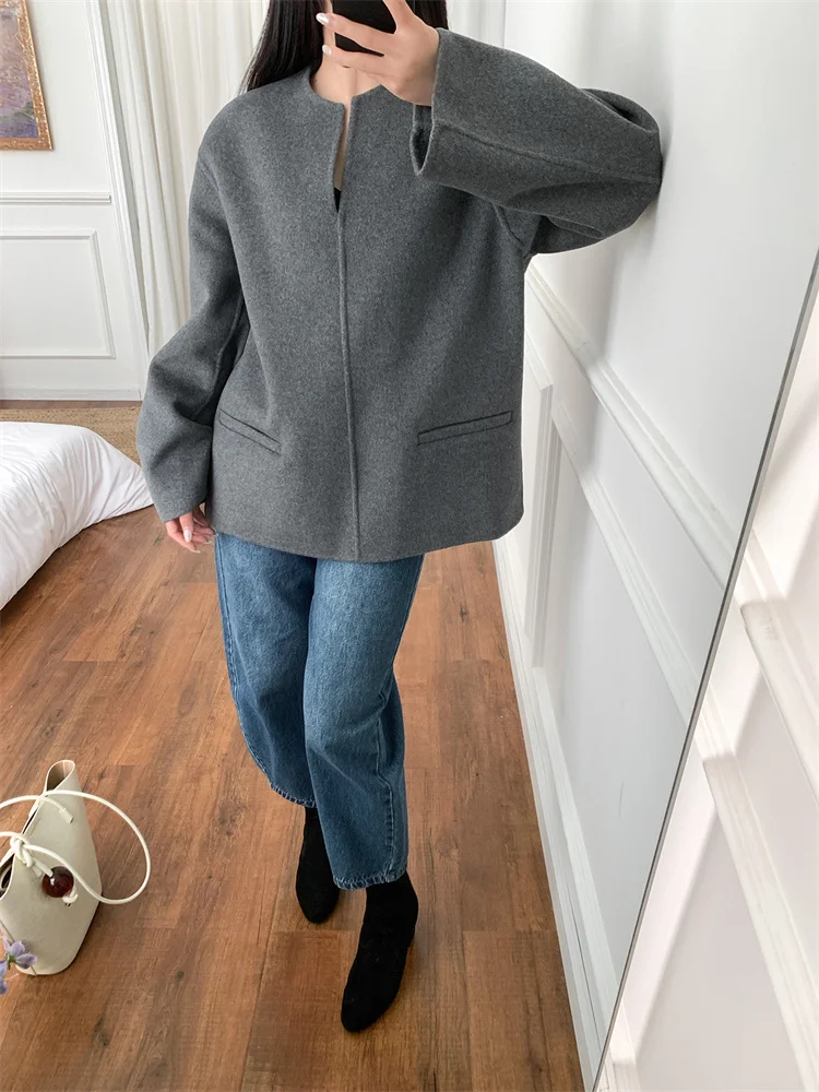 Grey Women Double-Sided Woolen Pullover Coat V-Neck Ladies Loose Fit Wool Blend Commuting Top for Autumn Winter