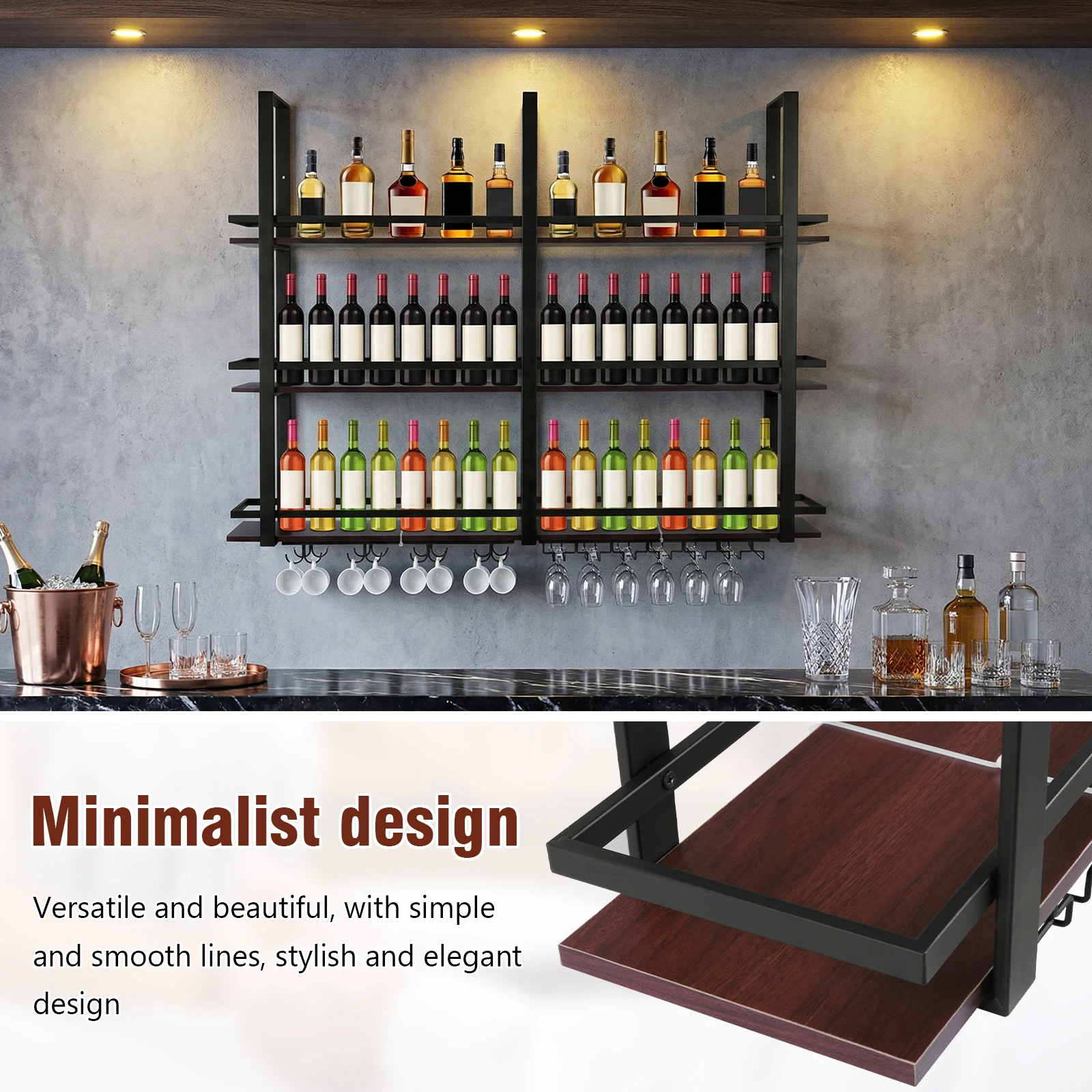 

3 Tier Wall Mounted Wine Shelf Metal Hanging Bar Liquor Shelves with Glass Holder for Home Kitchen Dining Room Coffee Shop