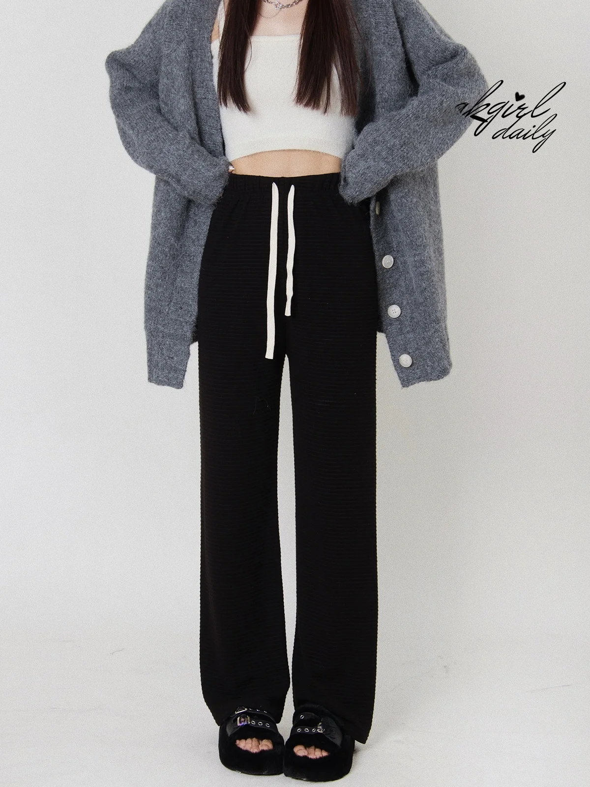 

AKSTUDIO Autumn Winter Soft Drapey Knitted Wide Leg Pants Loose Casual Trousers High Waist Commute Sle Asymmetric