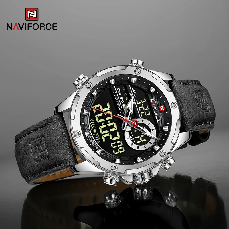 NAVIFORCE Male Waterproof Military Sport Genuine Leather Watches Men's Digital Dial Chronograph Creative Luminous Wrist Watch