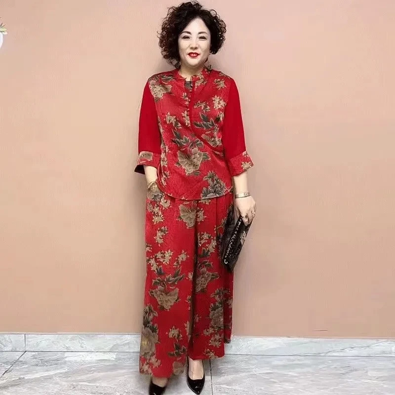 Silk Suit Summer Mother\'s New Retro Cheongsam Shirt Tops + Printing Pants Two Piece Set Elegant Wide Leg Pants Women Outfit 6XL