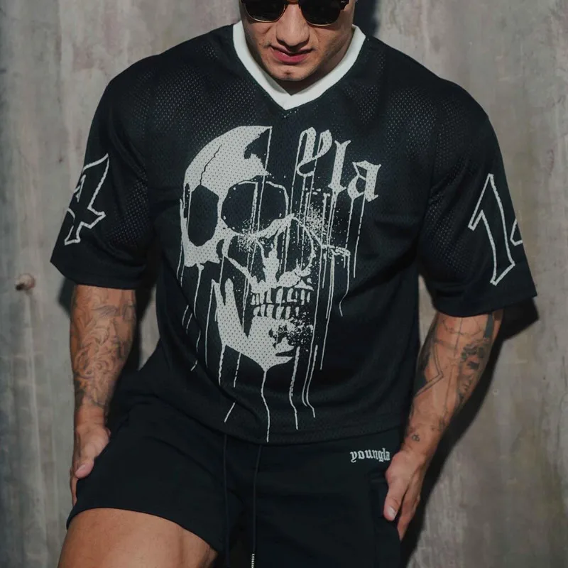 2025 New Skeleton Print Quick Drying T-shirt American V-neck Loose Weightlifting Strength Training Short Sleeved Trend