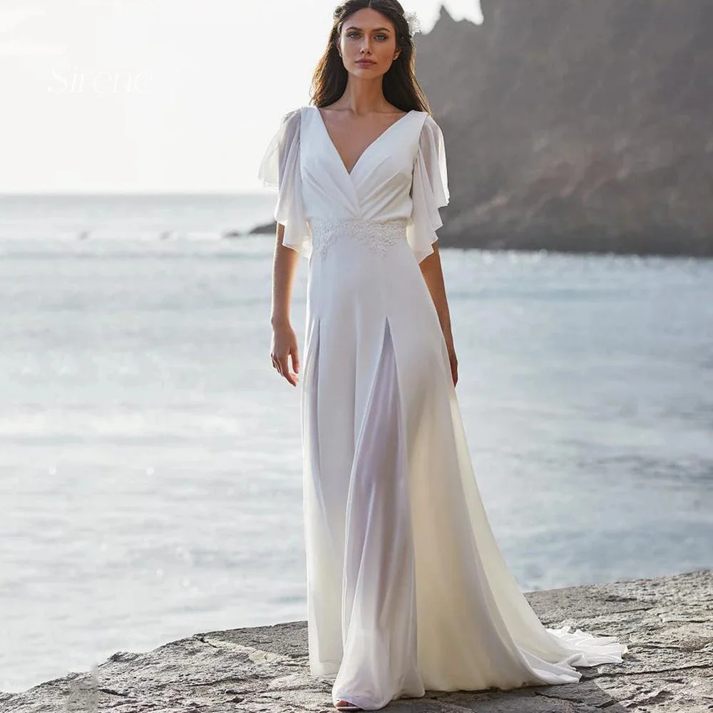 Sirene einfache Strand Chiffon Applikationen Fledermaus Ärmel Brautkleid V-Ausschnitt A-Linie zurück Reiß verschluss Brautkleider Vestidos de Novia