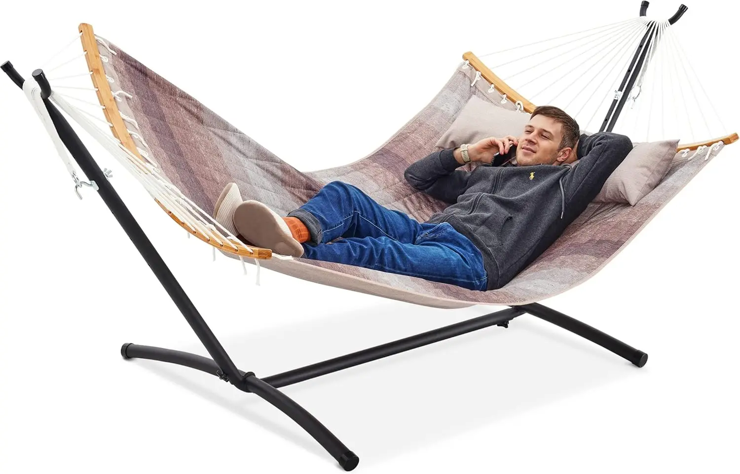 

Space-Saving Hammock with Stand, 2 Person 550 Pound Capacity, Outdoor Patio Yard Indoor Hammock Bed, Quilted Fabric