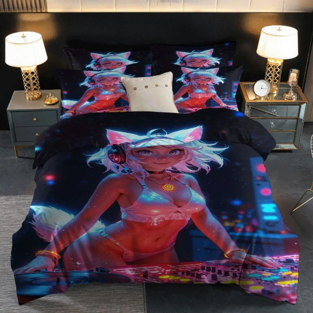 2/3pcs Quilt Cover Set with Cat Girl Neon Print Pattern, Quilt Cover Set Contains Quilt Cover and Pillowcase - Perfect