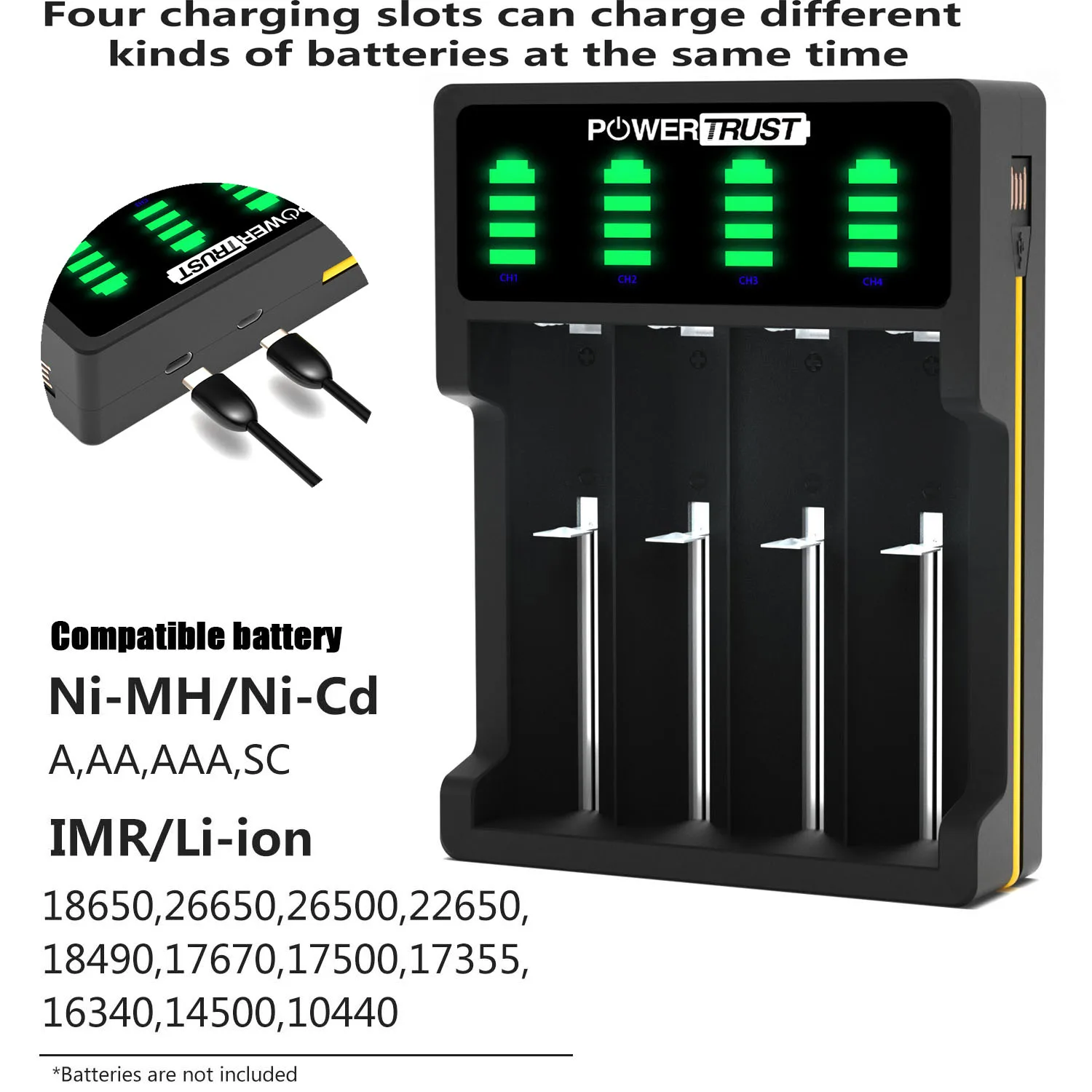 

AA AAA 18650 Battery Charger LCD Display 4Slots Charger for Ni-MH Ni-CD 26650 18350 18500 16340 21700 20700 Rechargeable Battery