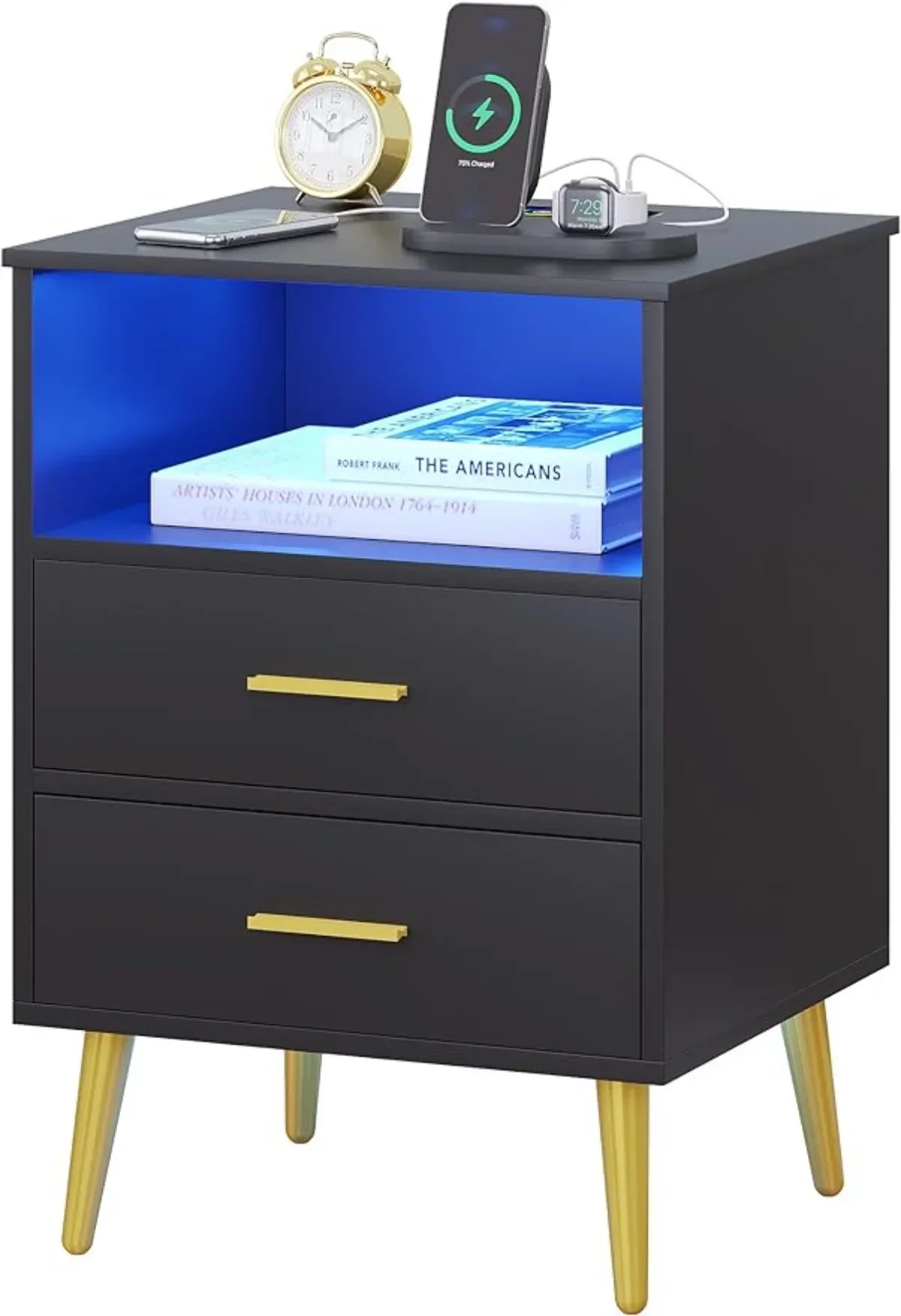 

Nightstand with Wireless Charging Station with RGB Light,with Human Sensor, 2 Drawers & Open Shelf(Black)