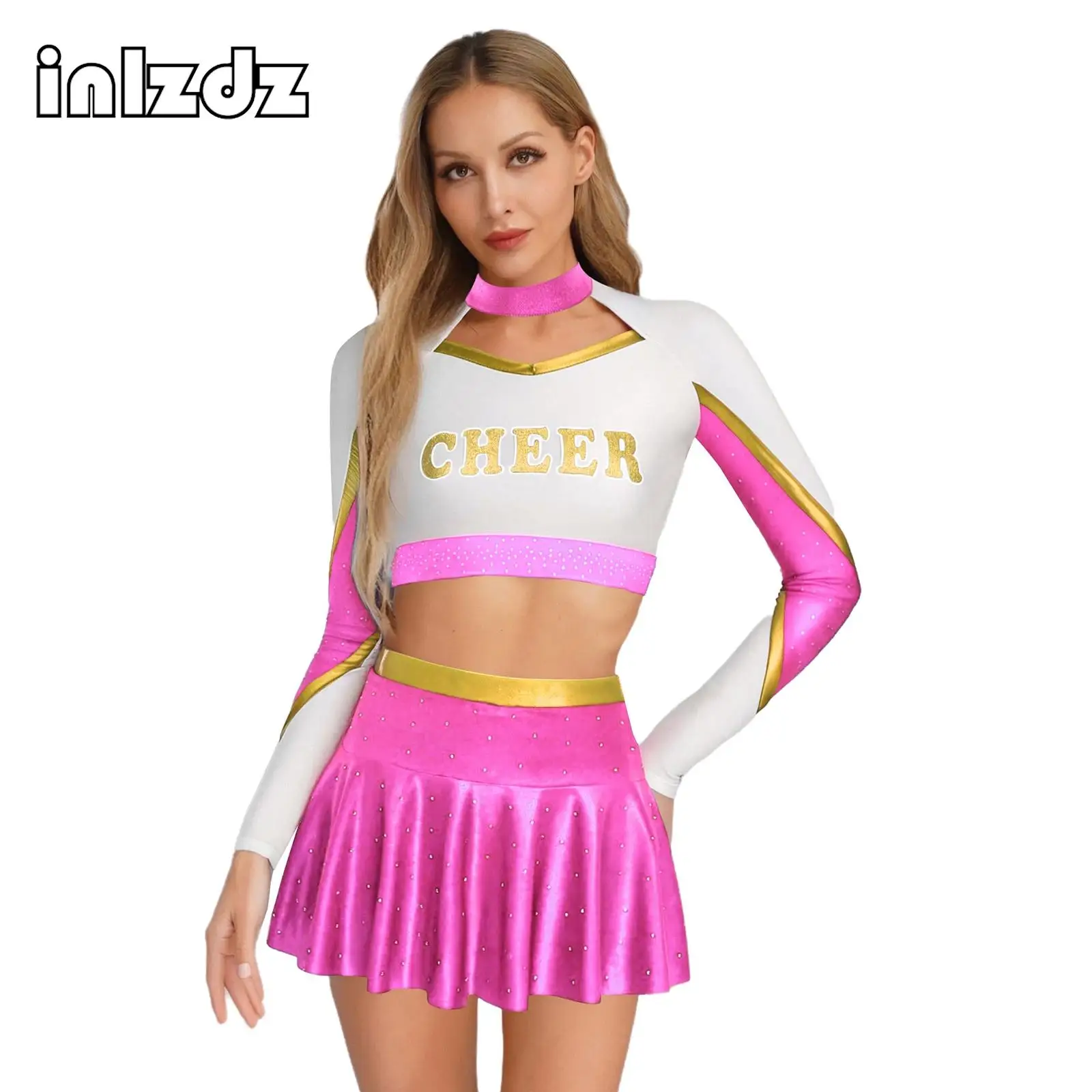 

Womens Cheerleading Uniform 2-piece Outfits Long Sleeve Hollow Out Crop Top and A-line Miniskirt Metallic Shiny Contrast Color