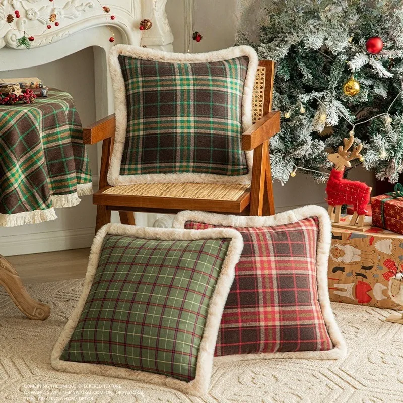 American Christmas Plaid Pillow Cover Faux Rabbit Fur Edge Winter Decorative Cushion Case Sofa Living Room Festive Holiday Throw