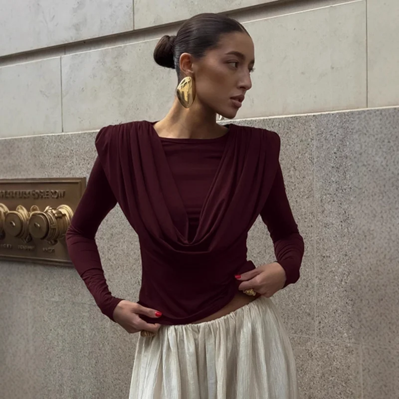 

Women's Elegant Draped Round Neck Long Sleeve Top2025Winter Fashion Knitted LayerTElegant Base Shirt