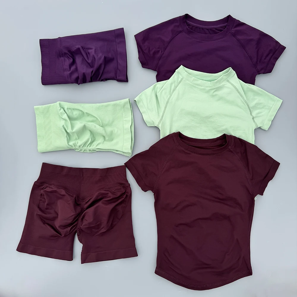 2 Pcs Sports Gym Sets Short Sleeve Seamless Yoga Clothing Fitness Set Women Workout Running Sports Short Leggings Suit