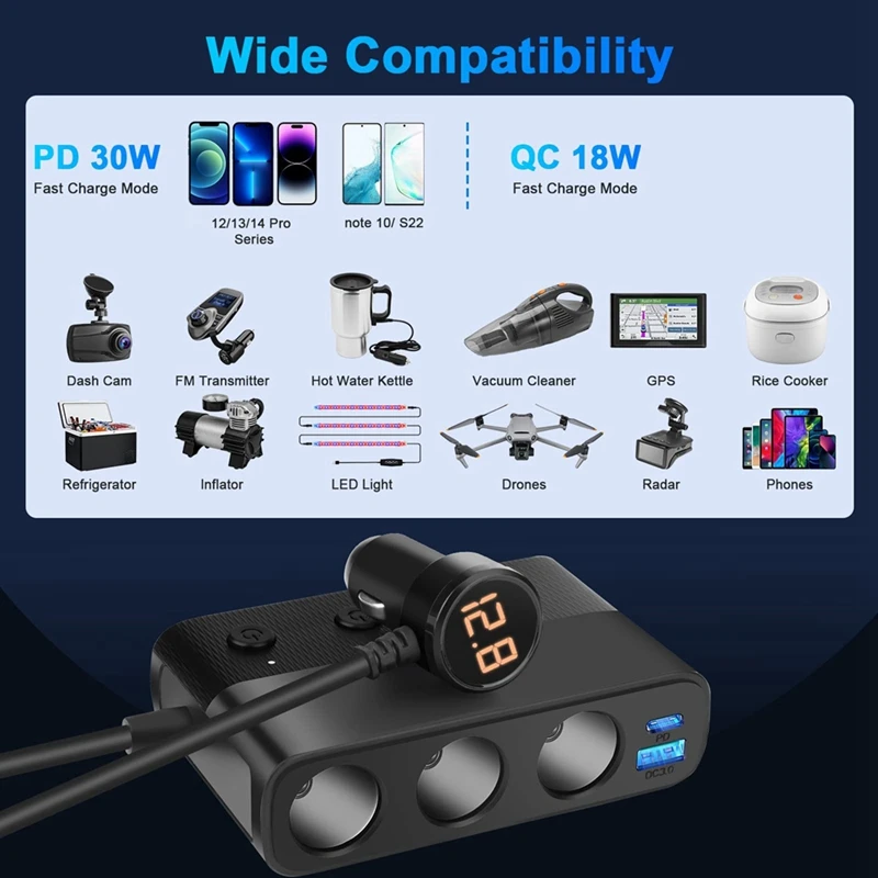 A35Q-7 In 1 Car Charger Adapter Splitter, 3 Socket Power 12V/24V, Type-C And 2 USB Charging Ports, LED Voltage Display