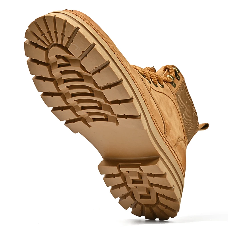 2025 الرجال جلد الخنزير الرجعية أحذية عمل غير رسمية جلد طبيعي عالية أعلى أحذية العمل رجل اصفرار البني حذاء من الجلد يصعب ارتداء