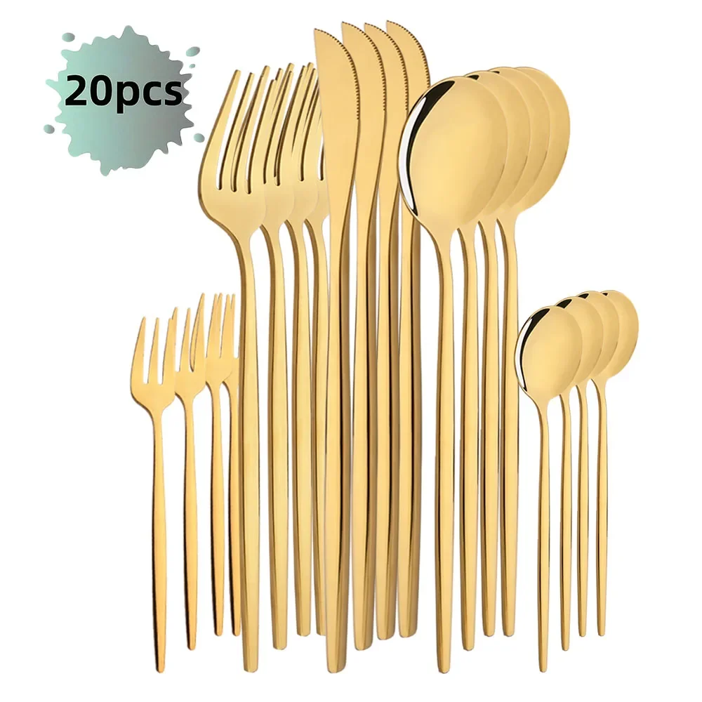 20Pcs/Set Mirror Gold Cutlery Set Stainless Steel Tableware Knife Cake Fork Spoon Dinnerware Set Kitchen Flatware Silverware