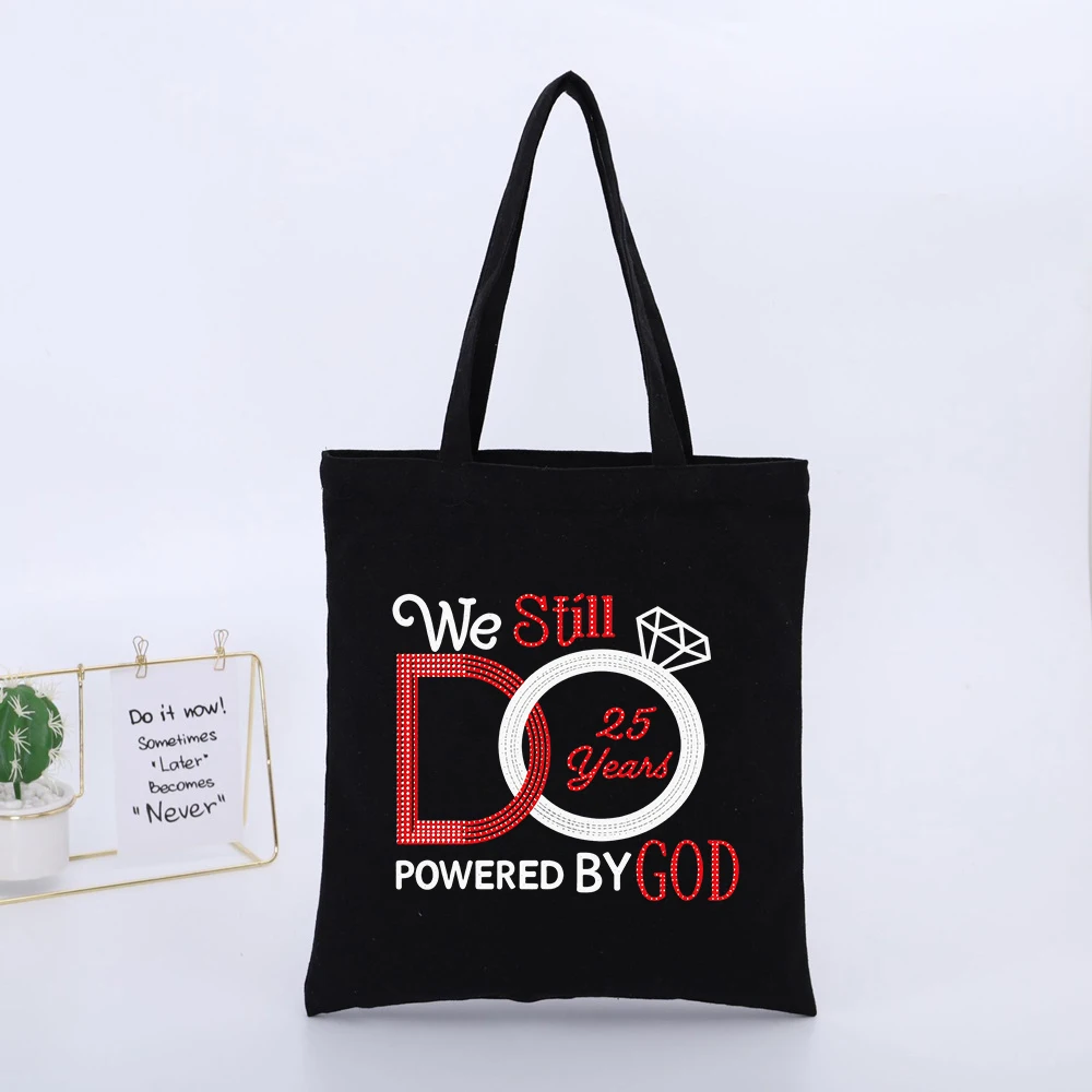 Couple's 25th Anniversary Letter Print Canvas Tote Bag, Casual Style for Wedding Celebration and Daily Use