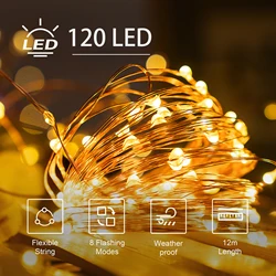 LQWELL-Luzes solares da corda para o jardim, fio de cobre, IP65 impermeável, 8 modos, partido do balcão, aniversário, Dia das Bruxas, exterior, 2x12m