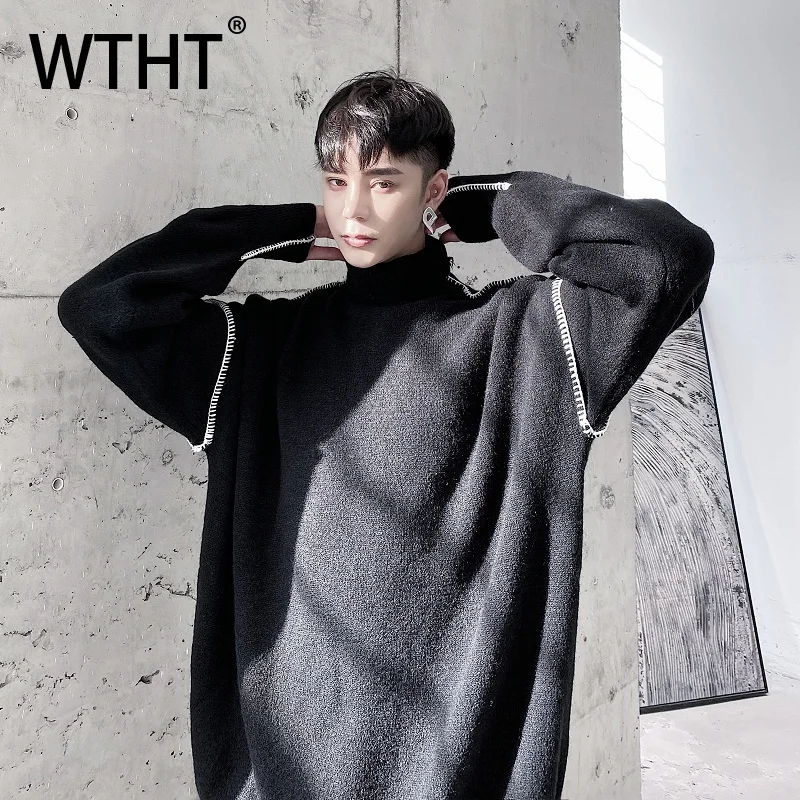 

WTHT Fashion Men's Spliced Zipper High Street Solid Color T-shirt Trendy 2025 Autumn American Style Stand Collar Top Male 2A1929