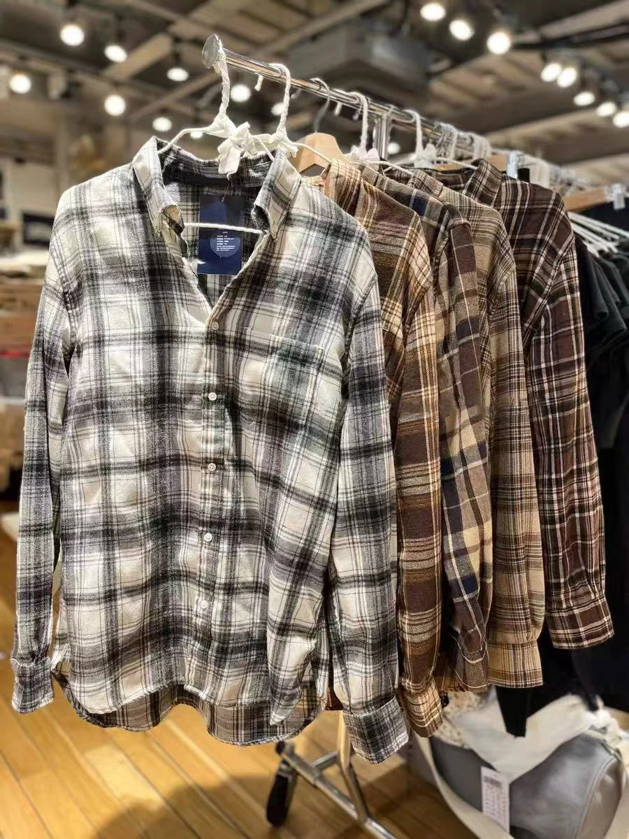 

Vintage Plaid Cotton Blouse Spring Turn Down Collar Single Breasted Tee Shirt Woman Preppy Style Loose Casual Long Sleeve Tops