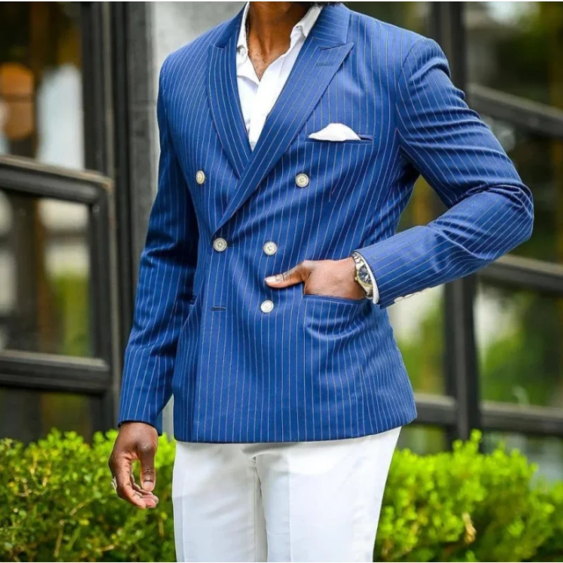 

Handsome Men Tuxedos Suits 2 Pieces Peaked Lapel Double Breasted Blue Stripe Jacket White Pant Business Wedding Prom Blazer