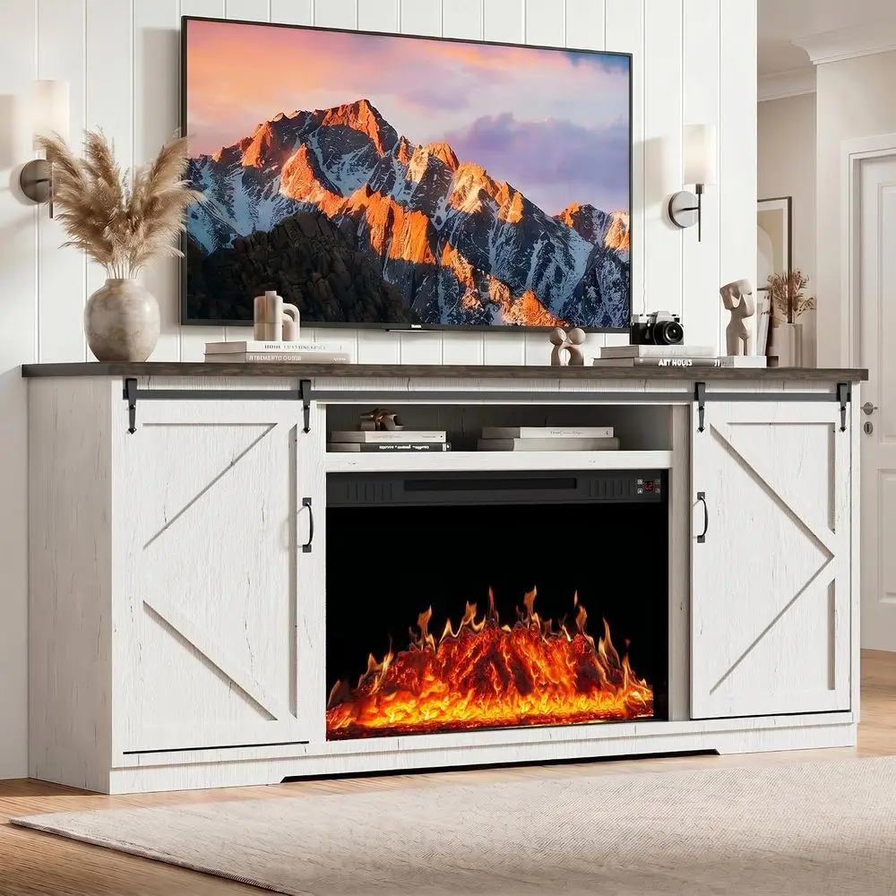 70'' ireplace TV Stand or 85 Inch TV, 36" Tall armhouse Entertainment Center with Electric ireplace, Rustic Media ole with Slidi