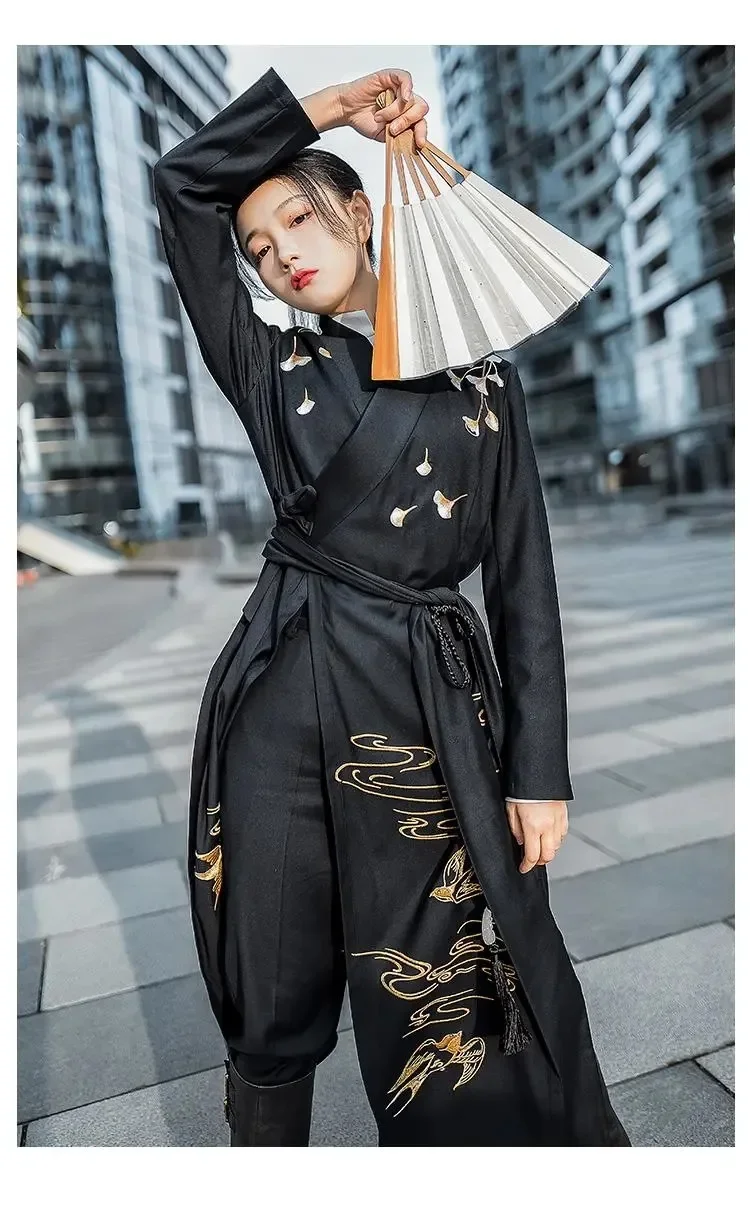 Hanfu jubah gaya Cina pria wanita jaket setelan Tang Retro kostum Cosplay Samurai Anime Set pakaian Oriental atasan mantel celana