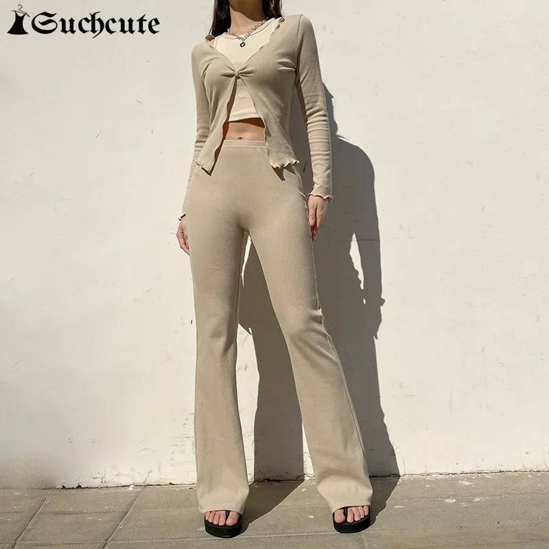 SUCHCUTE Knitted Flared Pants for Women Solid Color Slim Fitting Pant Casual Fashion Autumn Winter High Elastic Waisted Trousers