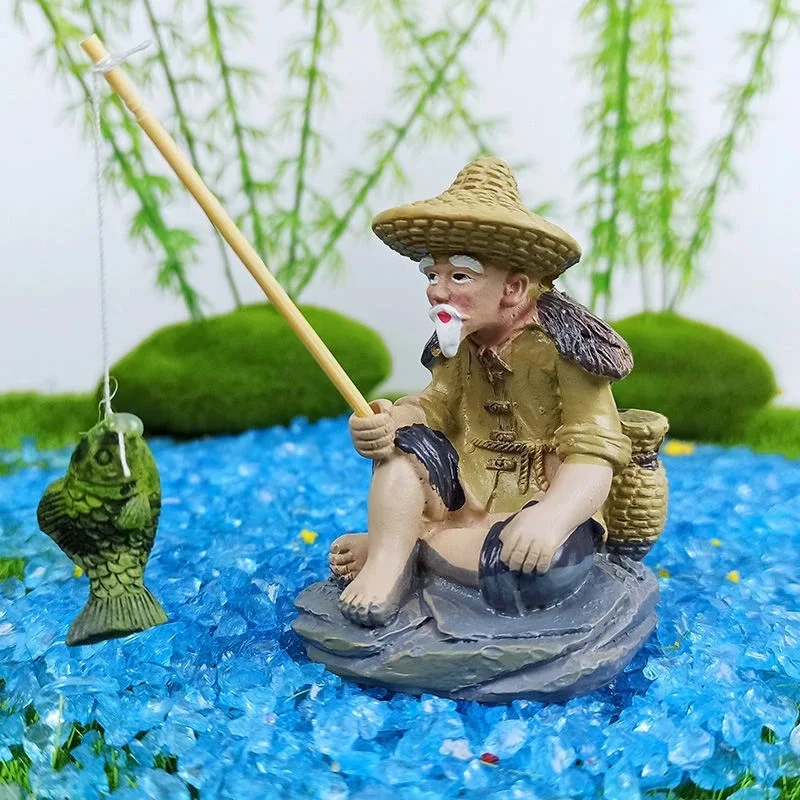 2023 Fisherman The Fish Tank Decoration Mini Fish Tank Aquarium Rockery Home Decor Old Man Fishing Dollhouse Ornaments Drop Ship