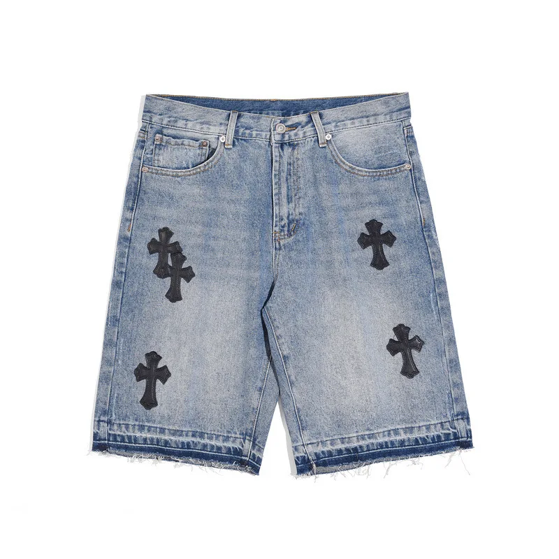 High Street Embroidered Leather Cross Denim Shorts Men's Washed Raw-edged Straight Jeans Shorts Capris