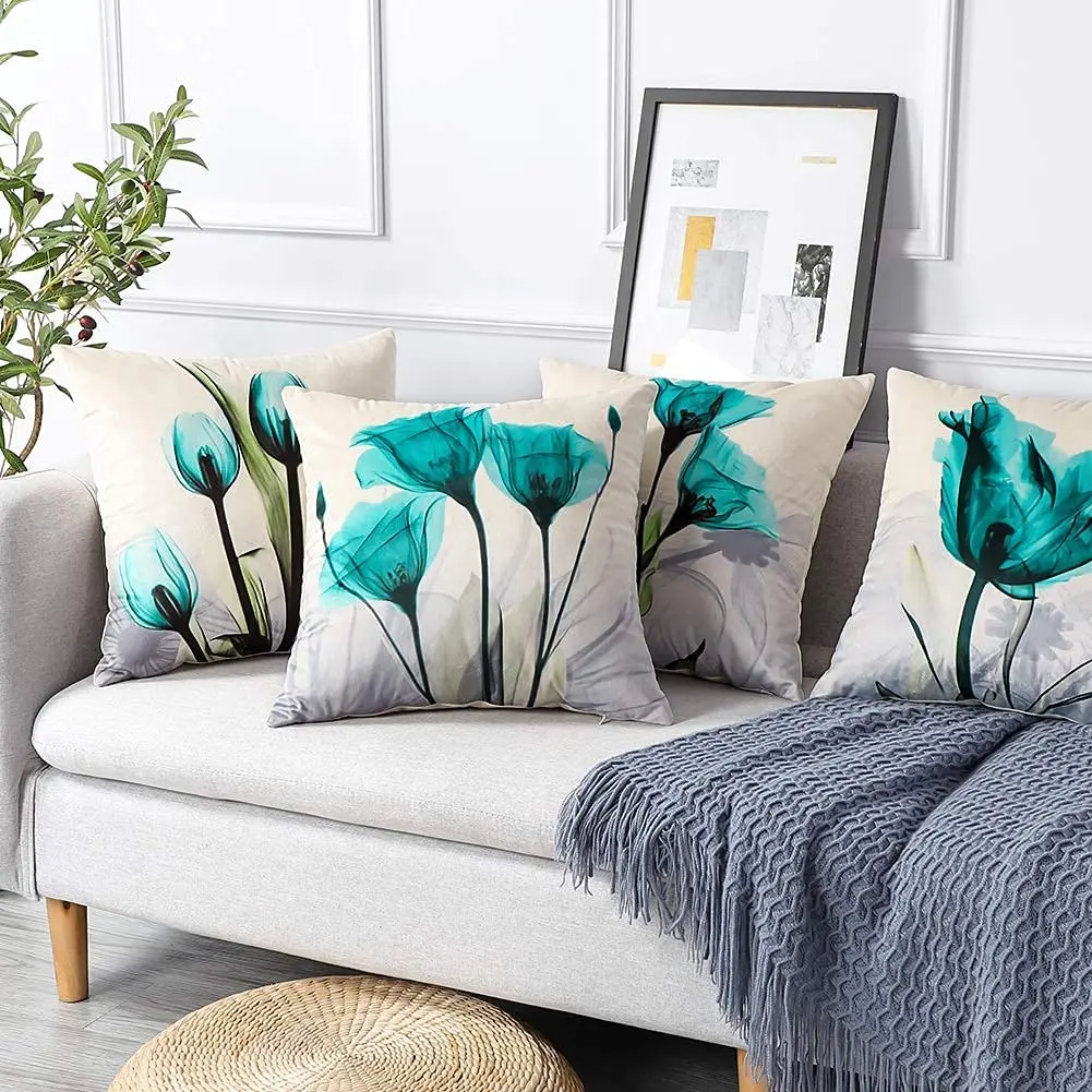 Cyan Watercolor Flower Linen Cushion Cover Upholstery, Pillowcase Home Decor, For Sofa, Car, Bedroom 40x40 45x45 50x50 60x60