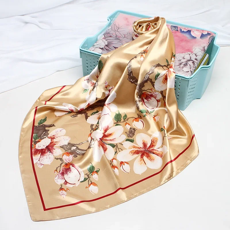 Floral Print Faux Silk Satin Hijab Scarf Women Square Shawl Wraps Hair Scarfs Female 90*90cm Neckerchief Scarves For Ladies