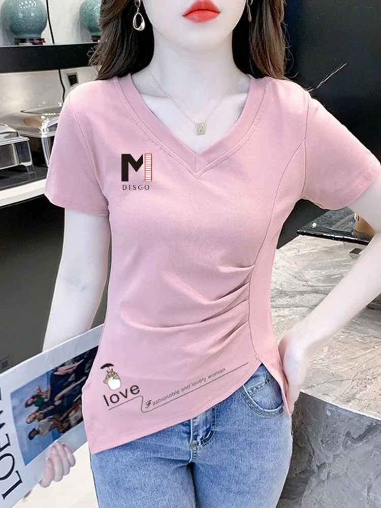 T-shirt V-Ne ort Sve in puro cotone da donna Summer Slim Fit Faionable Top Design Sense Irregolare Creative Sle