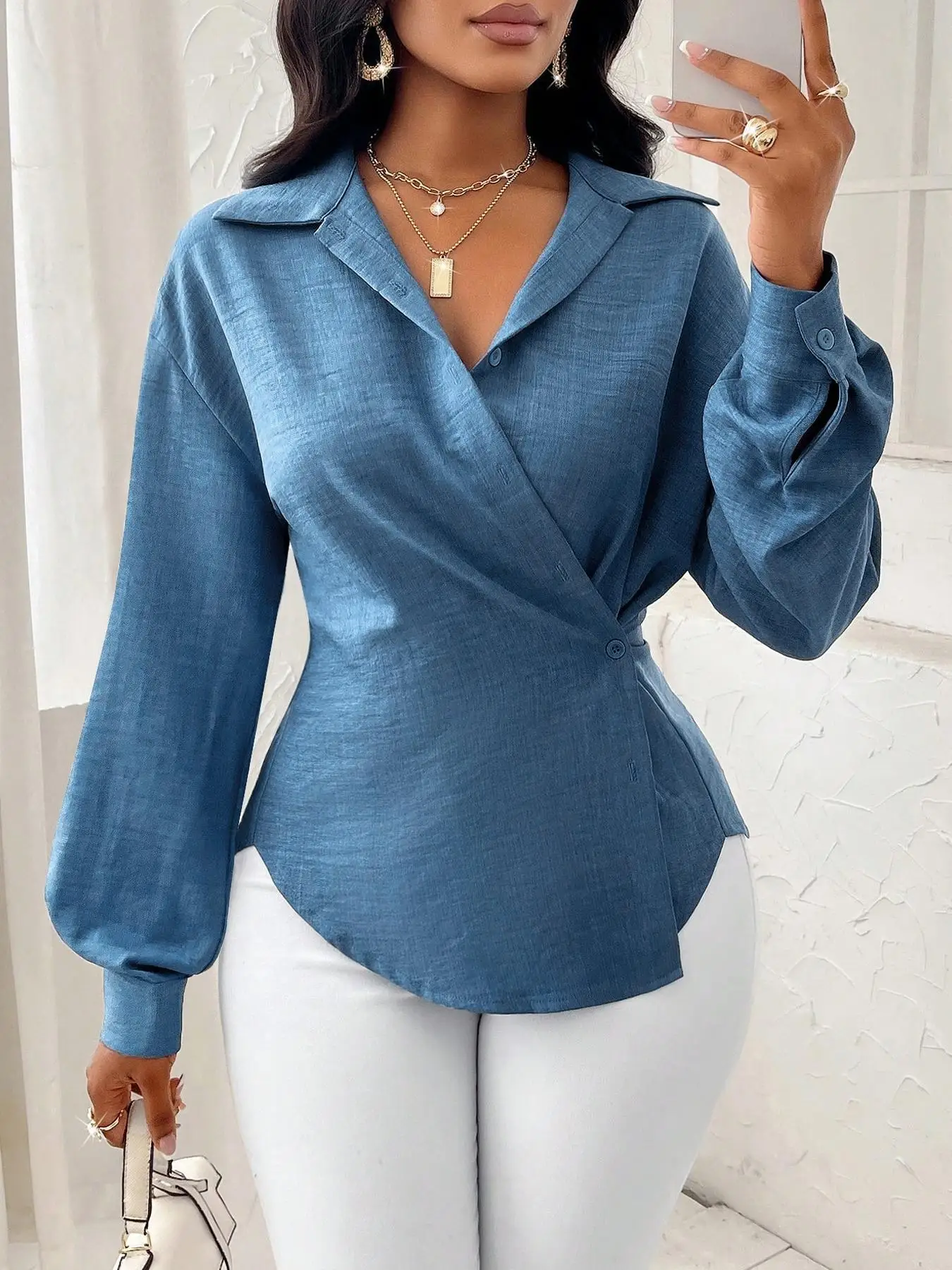 

【Plus Size】 Solid Button Front Shirt, Elegant Bishop Sleeve Collared Top for Spring & Fall, Women's Clothes for Daily Wear