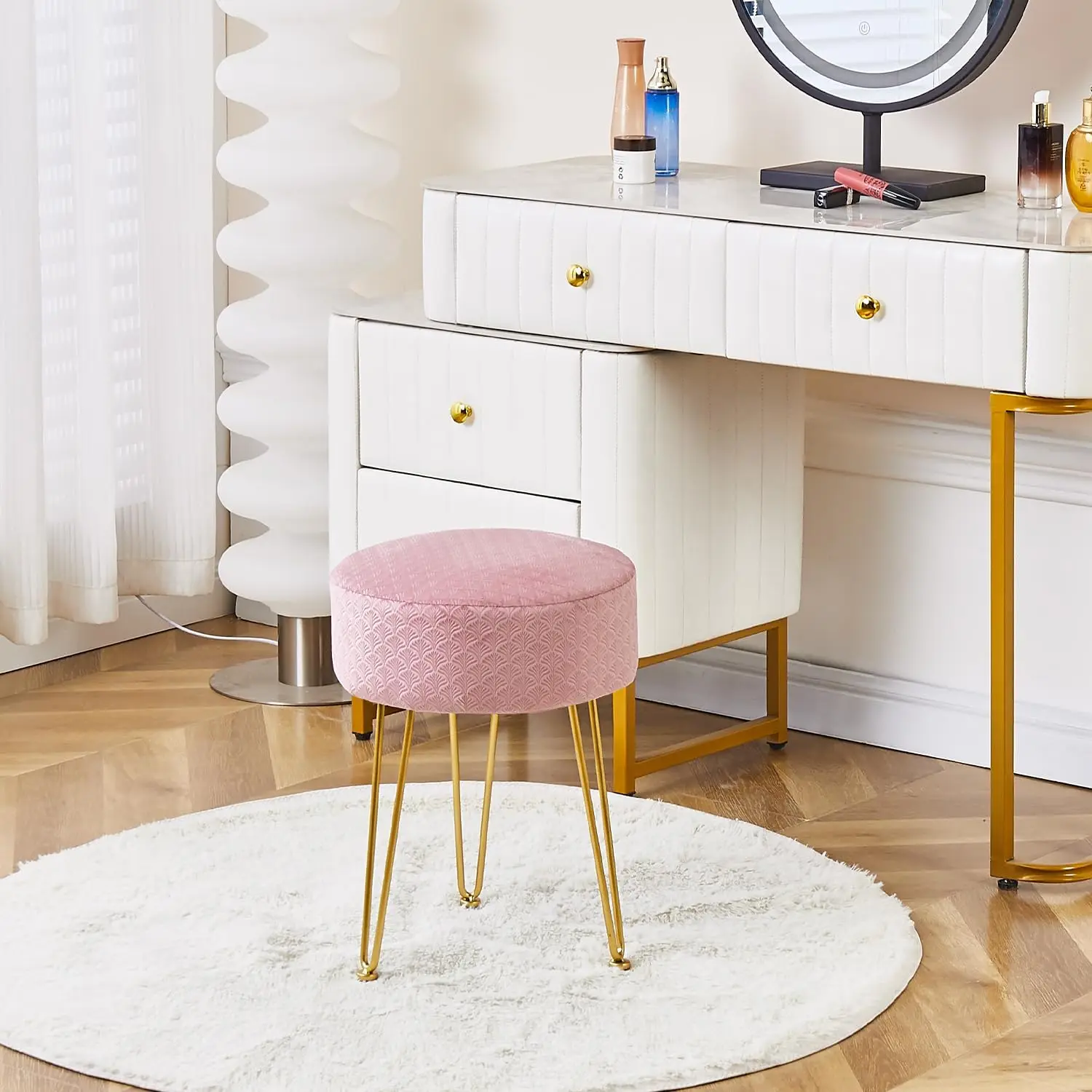 

Vanity Stool Footstools Velvet Ottoman Round Ottoman Modern Dressing Stool With Metal Leg Vanity Stool For Living Room Pink