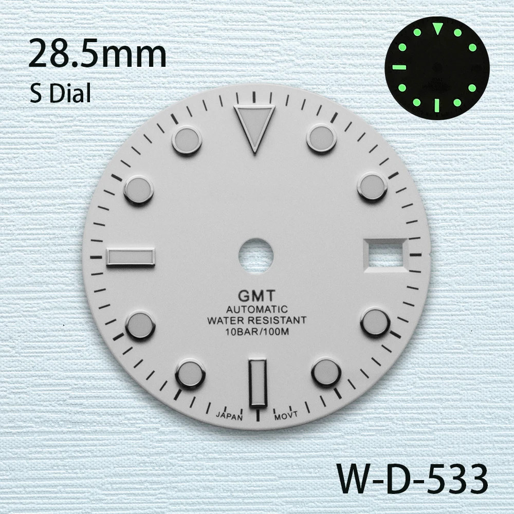 Esfera GMT blanca con logotipo S de 28,5mm compatible con movimiento NH34 C3, accesorios de modificación de reloj con esfera luminosa verde de alta calidad