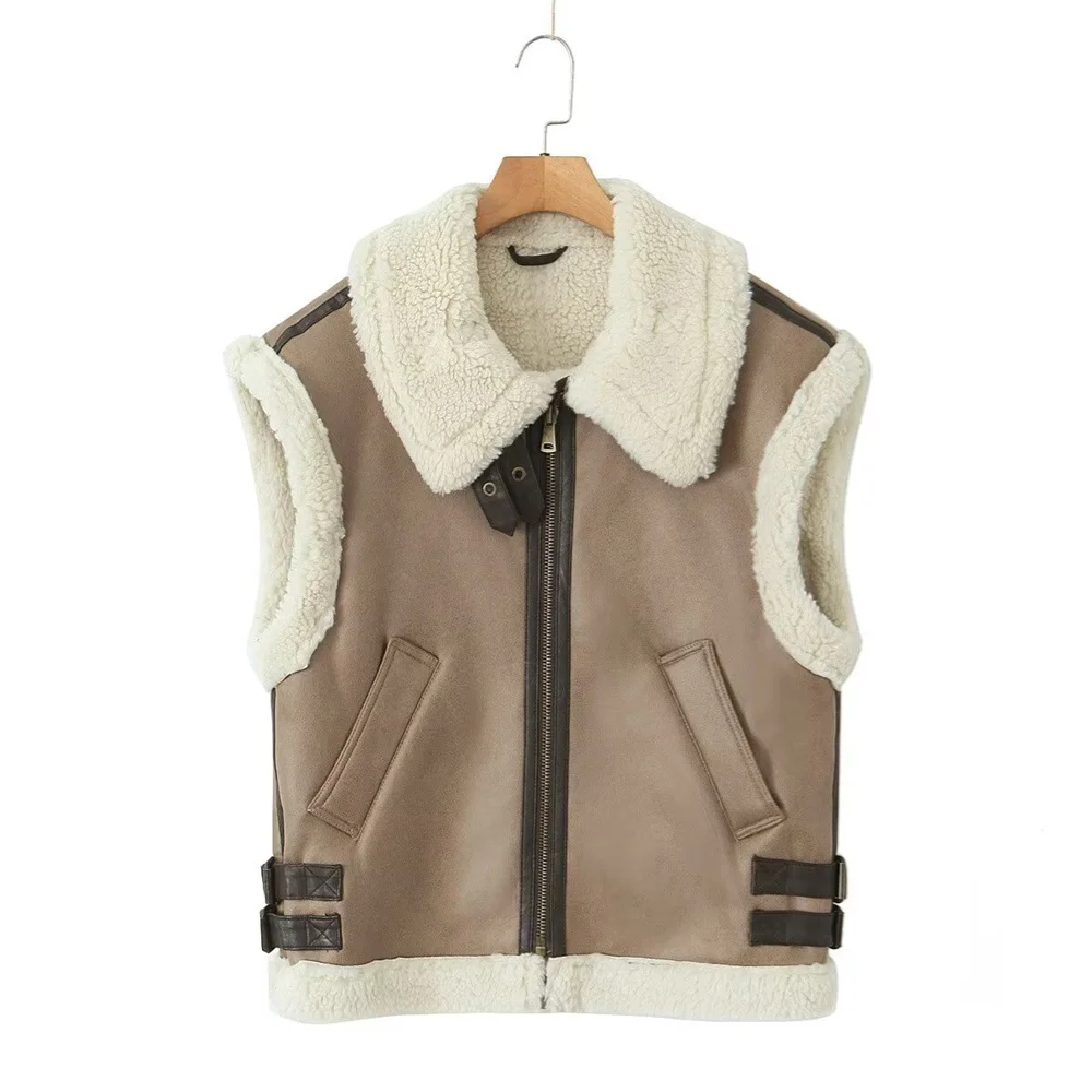 UNIZARA kadın gevşek yakalı kolsuz fermuar dekorasyon sonbahar ve kış yeni polar sıcak yelek ceket