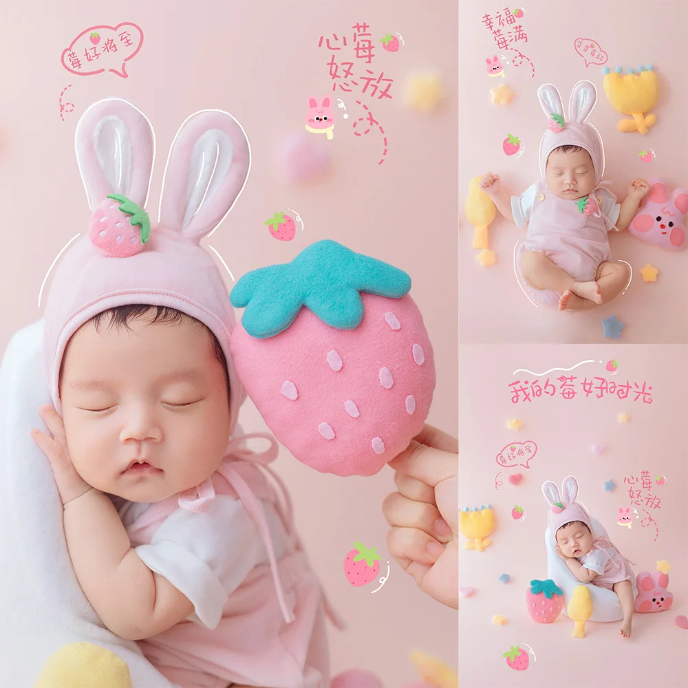 accesorios-de-fotografia-para-bebes-con-tematica-de-fresa-y-conejito-gorro-con-orejas-de-conejo-rosa-conjunto-de-mameluco-para-recien-nacidos-fotos-de-hitos-del-primer-mes