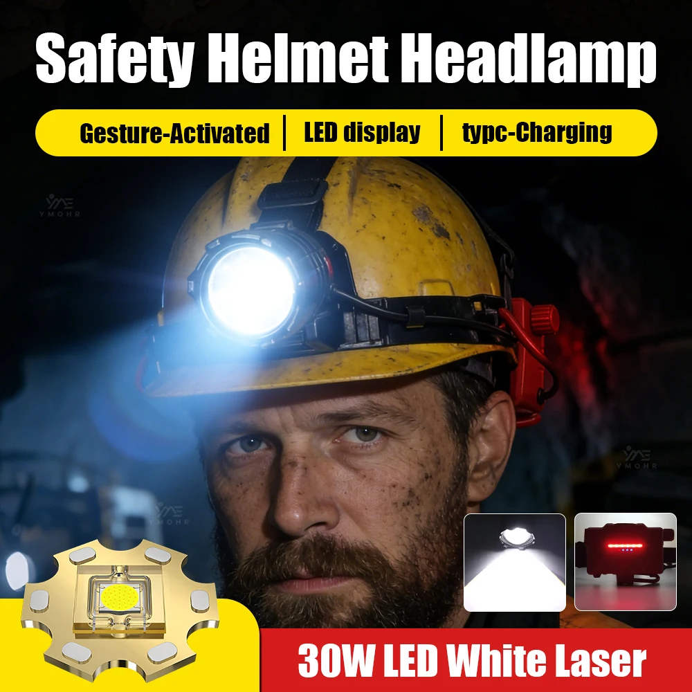30W LED Headlamp Rechargeable Long Lasting Portable Motion Sensor Head Torch Mining Lamp Work Light For Safety Helmet Lamp 18650
