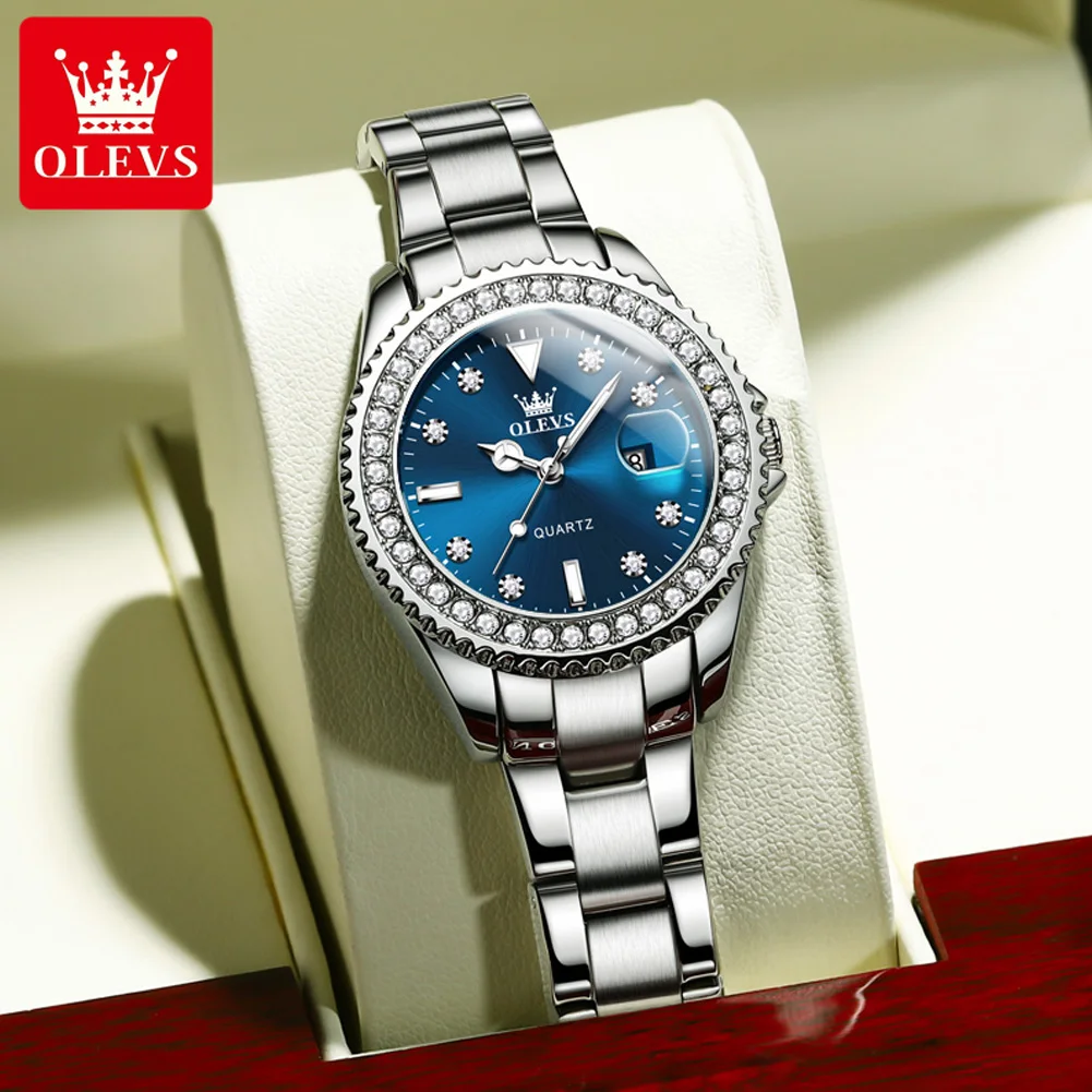 OLEVS-reloj de cuarzo con esfera de diamante para mujer, accesorio de lujo de acero inoxidable, resistente al agua, elegante, de marca superior, a