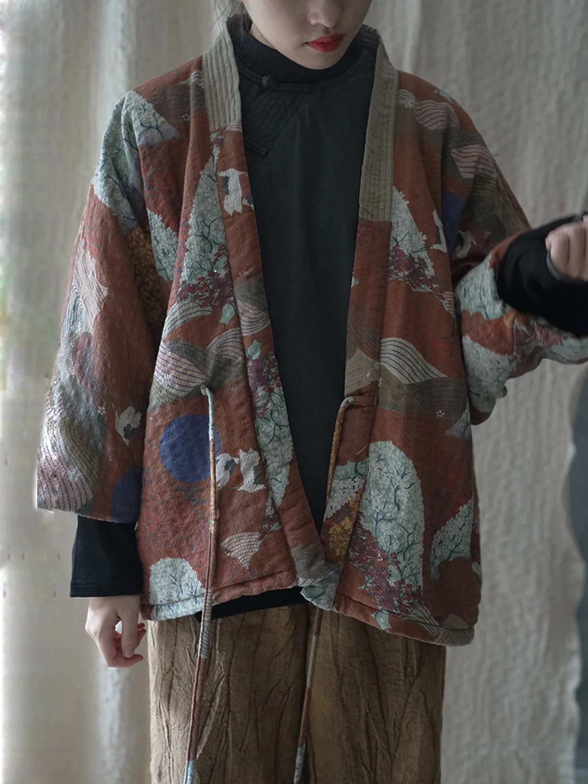 Autumn/Winter Womens Quilted Short Jacket Printed Front Open V-Neck Shawl Collar Vintage Lace-Up Loose Version Kimono Hanfu Coat