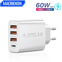 Chargeur USB C 60W Chargeur de charge rapide 4 ports PD Type C Quick Charge3.0 Adaptateur secteur mural pour iphone Xiaomi Samsung Chargeurs de téléphone