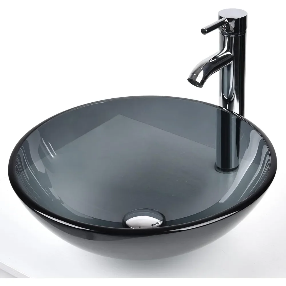 

Puluomis Bathroom Vessel Sink, Round Glass Vessel Sink Basin with Faucet Pop-Up Drain, Grey,Frosted,Clear,Blue