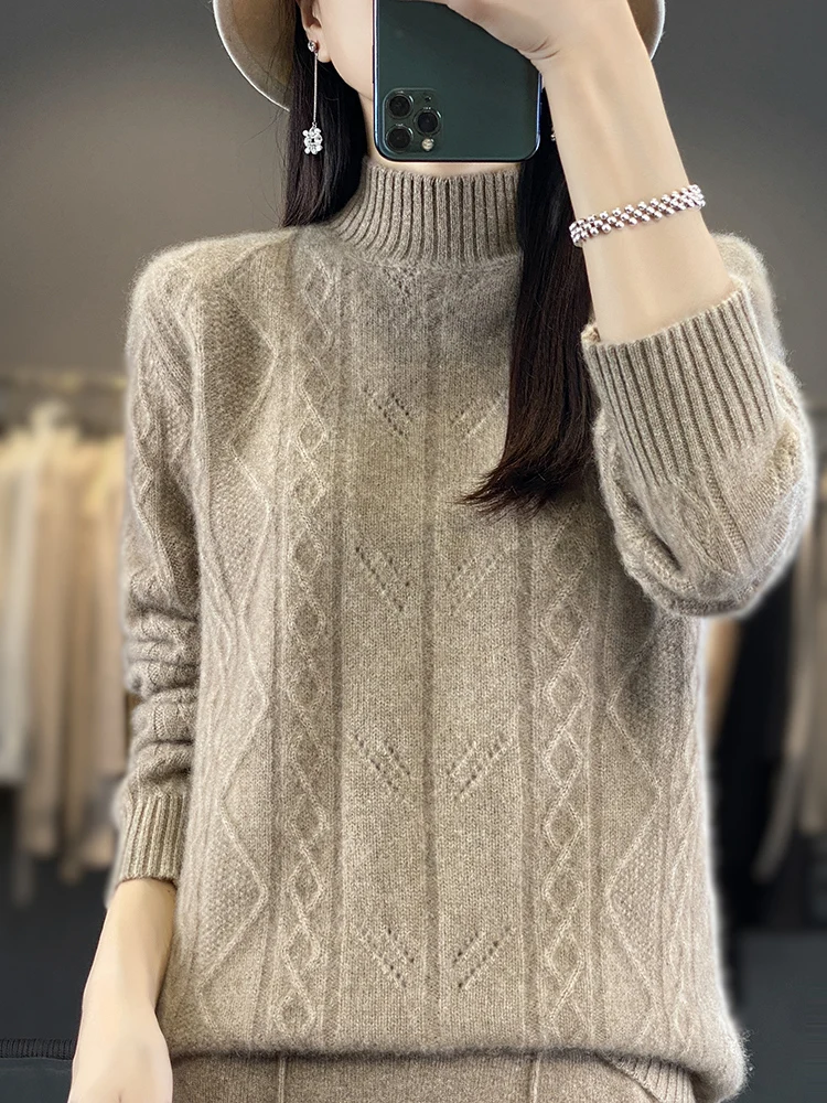 Addonee Women Winter Sweater Twist Flower Mock Neck Pullover 100% Merino Wool Hollow Soft Cashmere Knitwear Korean Fashion Tops