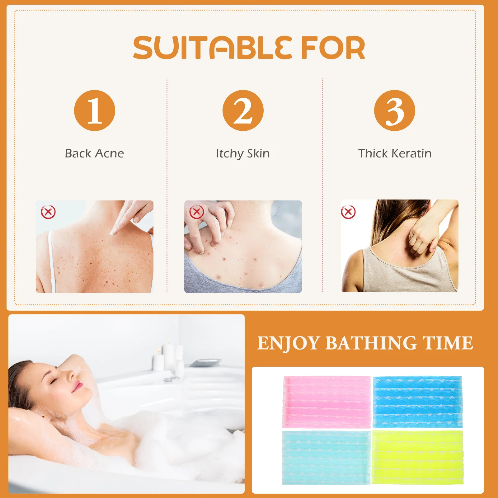 

4Pcs Long Nylon Washcloth Exfoliating Body Towel Korean Style Bath Scrubber for Shower Skin Cleansing Reusable Travel Bathroom