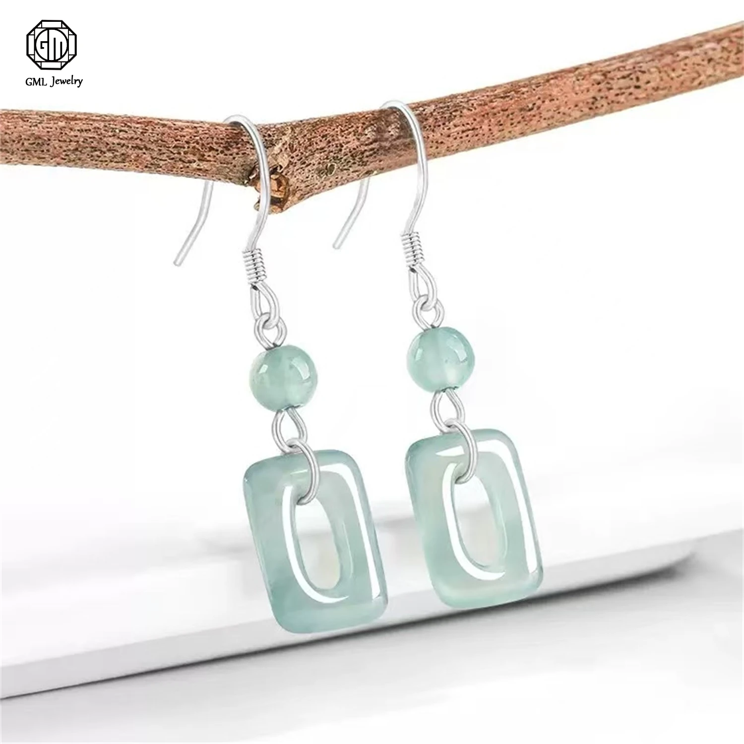

Natural Grade A Jadeite Blue Water Ruyi Earrings 925 Silver Ice Oval Teardrop Geometric Women Exquisite Earrings Jewelry Gift