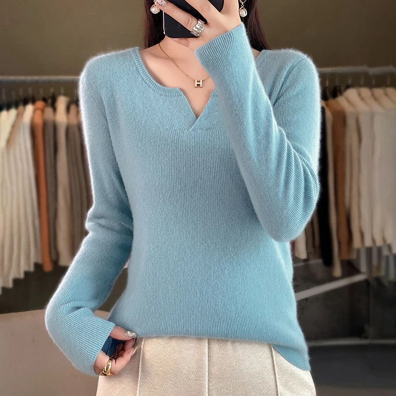 Fall/Winter Slim Women\'s Sweater round V-neck Andy Velvet Knitted Sweater Comfortable Warm Pullover Bottoming Shirt
