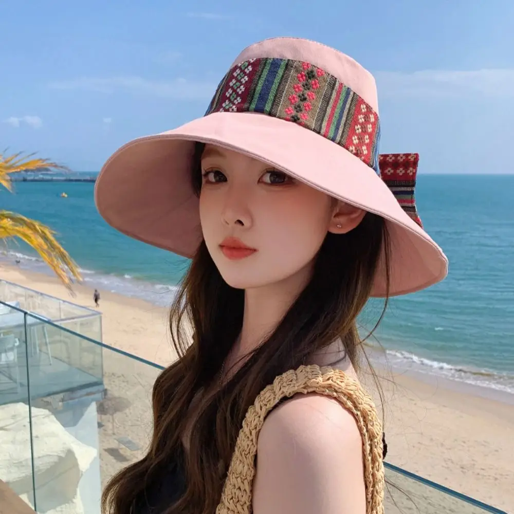

Simple Anti-UV Women's Sun Hat Ethnic Style Sunscreen Bowknot Fishmen Hat Panama Cap Solid Color Wide Brim Bucket Cap Summer