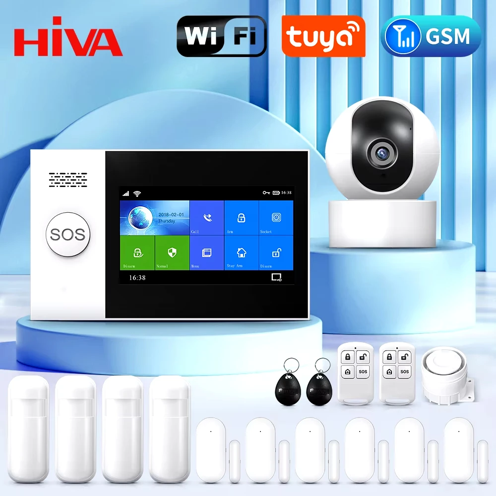 PG-107 Tuya Wireless WIFI GSM Home Burglar Alarm System IP Camera PIR Motion Sensor Door Sensor Security Alarm Kit APP Control