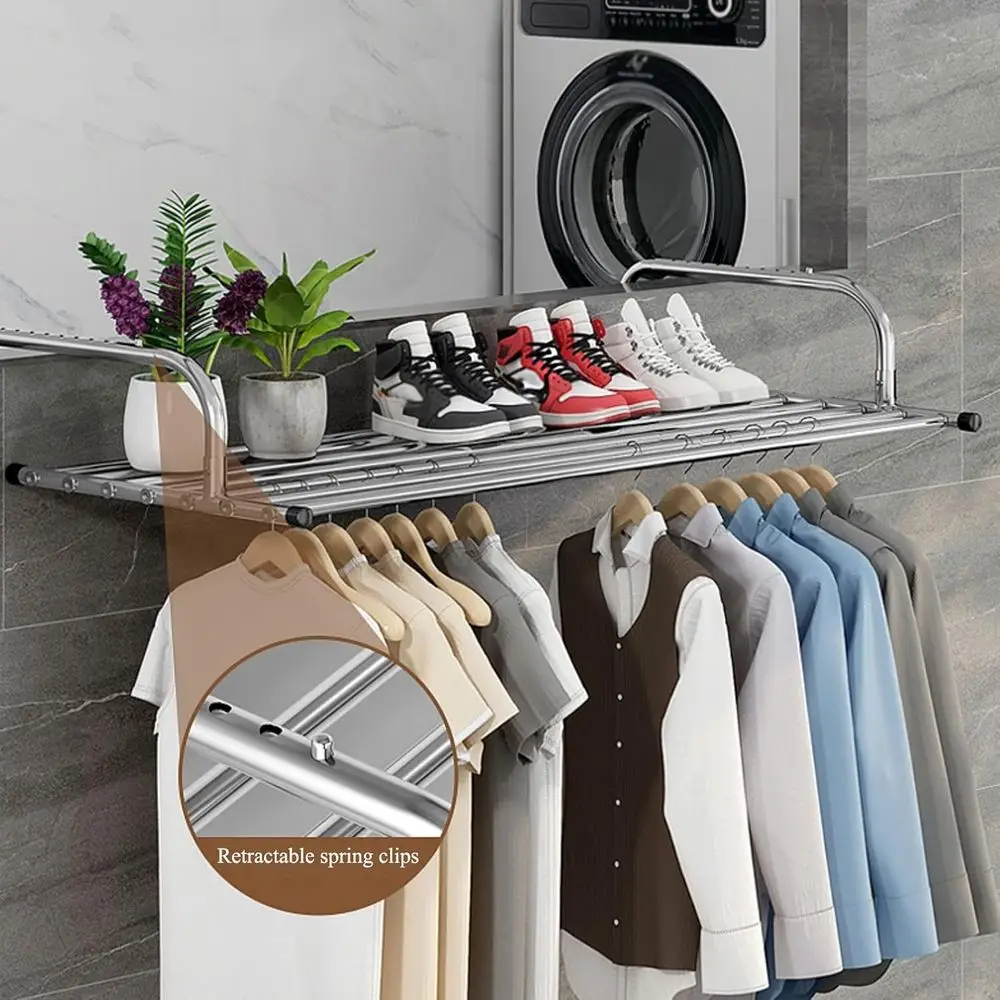 Indoor Stainless Steel Retractable Clothes Drying Rack, Silver, 68 for Balcony or Hanging Use