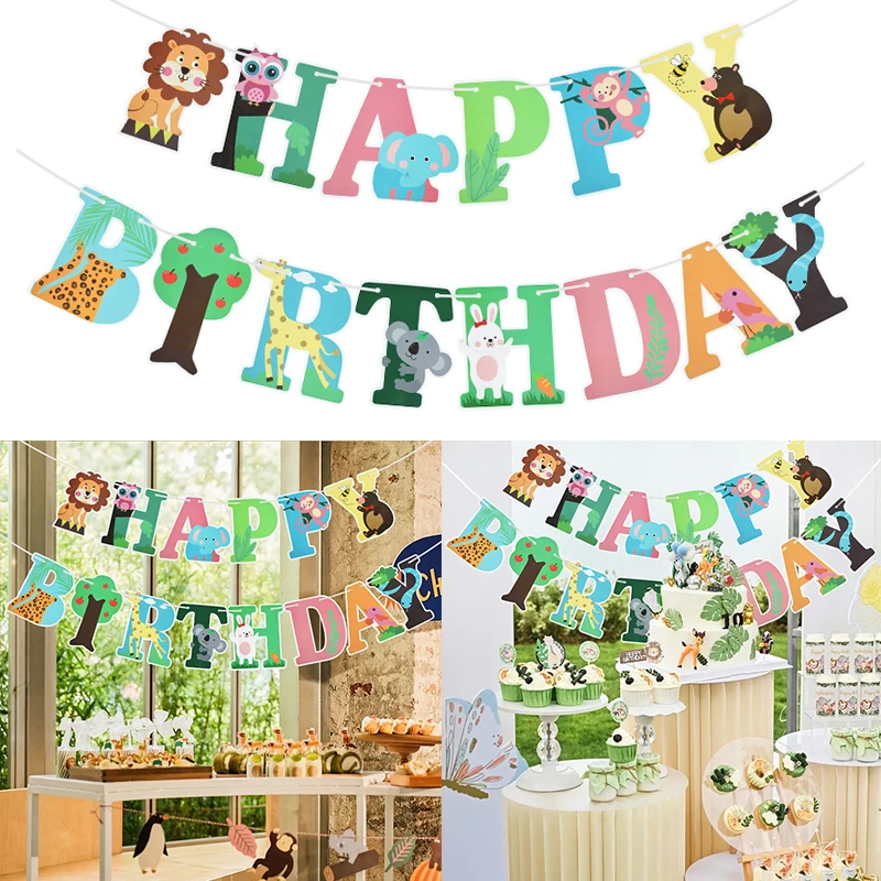 

Cute Cartoon Animal Happy Birthday Paper Banner Bunting Garland Jungle Safari Theme Forest Birthday Party Decoration Baby Shower